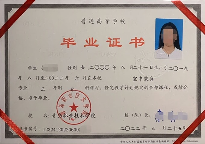 惠济青岛职业技术学院毕业证样本图片